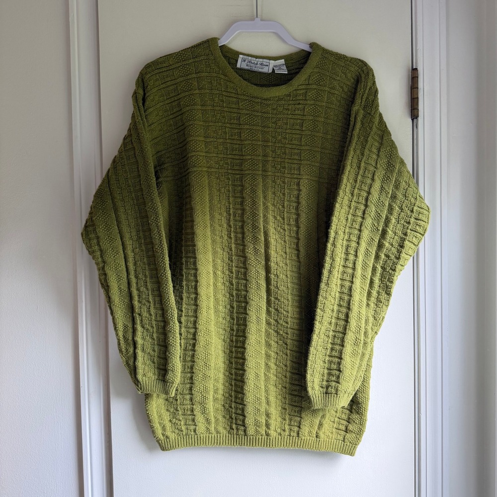 A Knitch Above Green Cotton Textured Basketweave Crew Neck Sweater Mens M L